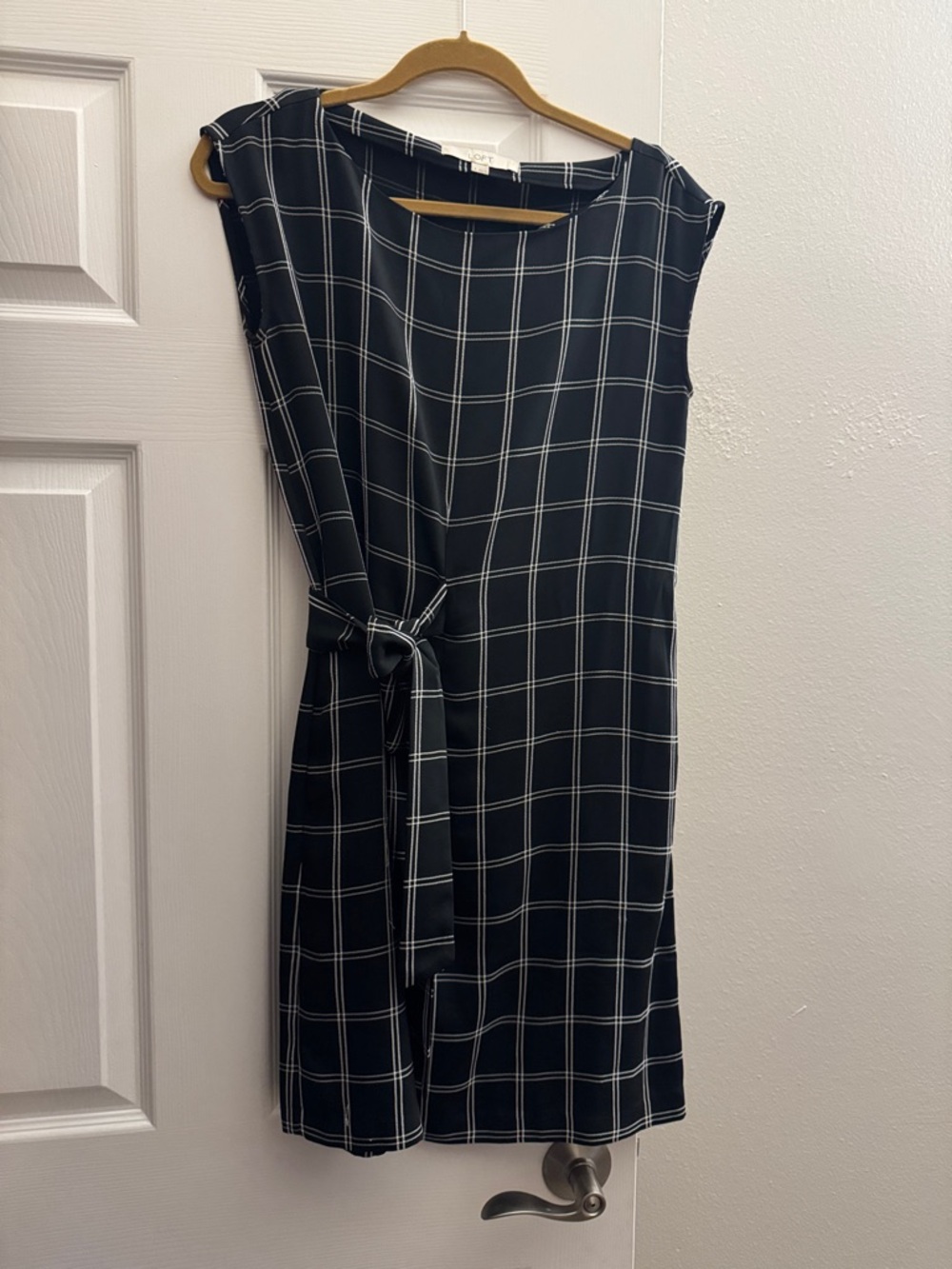 LOFT Black Windowpane Midi Dress with Side Tie